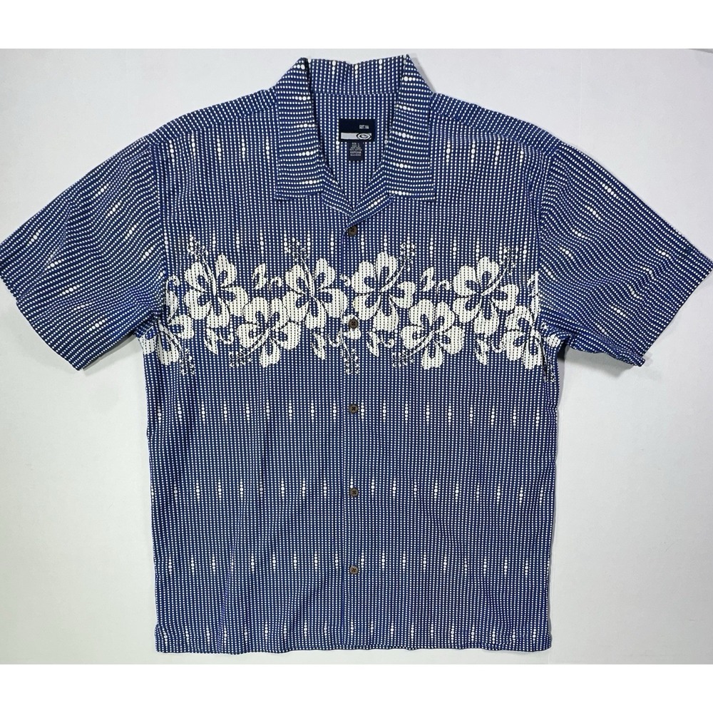 Gotcha Hawaiian Shirt Mens Large Blue White Floral 100% Cotton‎ Made in HK